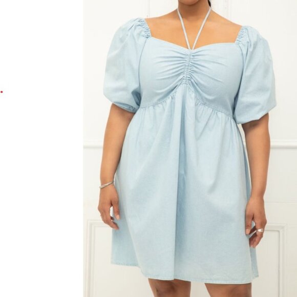 ELOQUII Womens Tie Neck Puff Sleeve Mini Dress Blue Chambray Plus 24 New - Picture 3 of 4